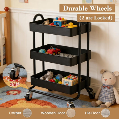 3 Tier Metal Rolling Cart, Utility Storage Cart Shelf Organizer with Wheels for Home & Office, Light Yellow