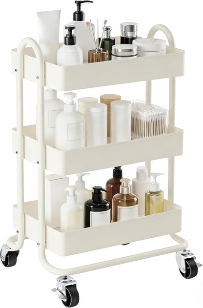 3 Tier Metal Rolling Cart, Utility Storage Cart Shelf Organizer with Wheels for Home & Office, Light Yellow