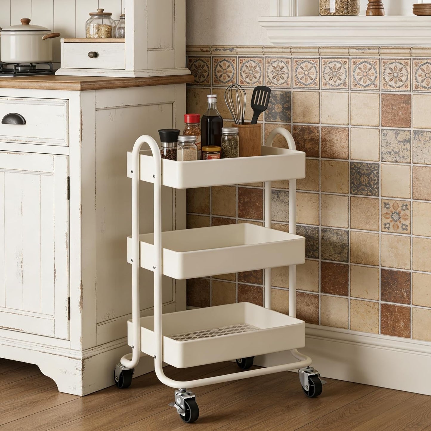 3 Tier Metal Rolling Cart, Utility Storage Cart Shelf Organizer with Wheels for Home & Office, Light Yellow
