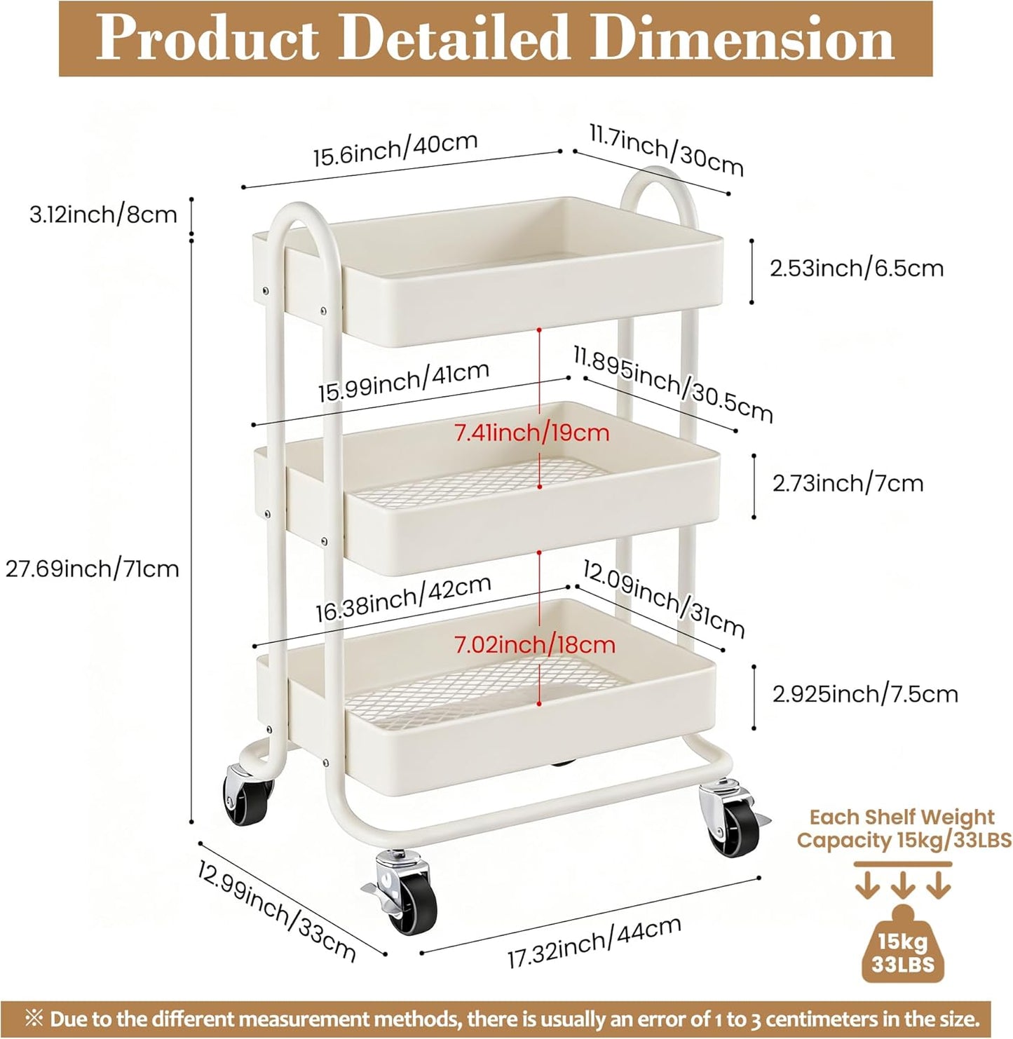 3 Tier Metal Rolling Cart, Utility Storage Cart Shelf Organizer with Wheels for Home & Office, Light Yellow