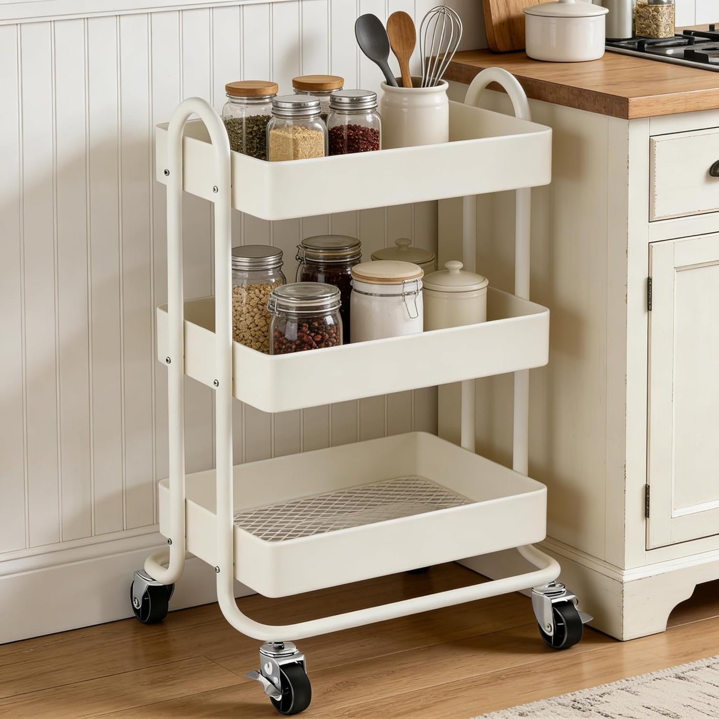 3 Tier Metal Rolling Cart, Utility Storage Cart Shelf Organizer with Wheels for Home & Office, Light Yellow