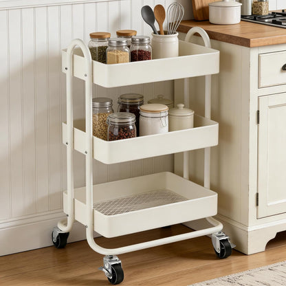 3 Tier Metal Rolling Cart, Utility Storage Cart Shelf Organizer with Wheels for Home & Office, Light Yellow