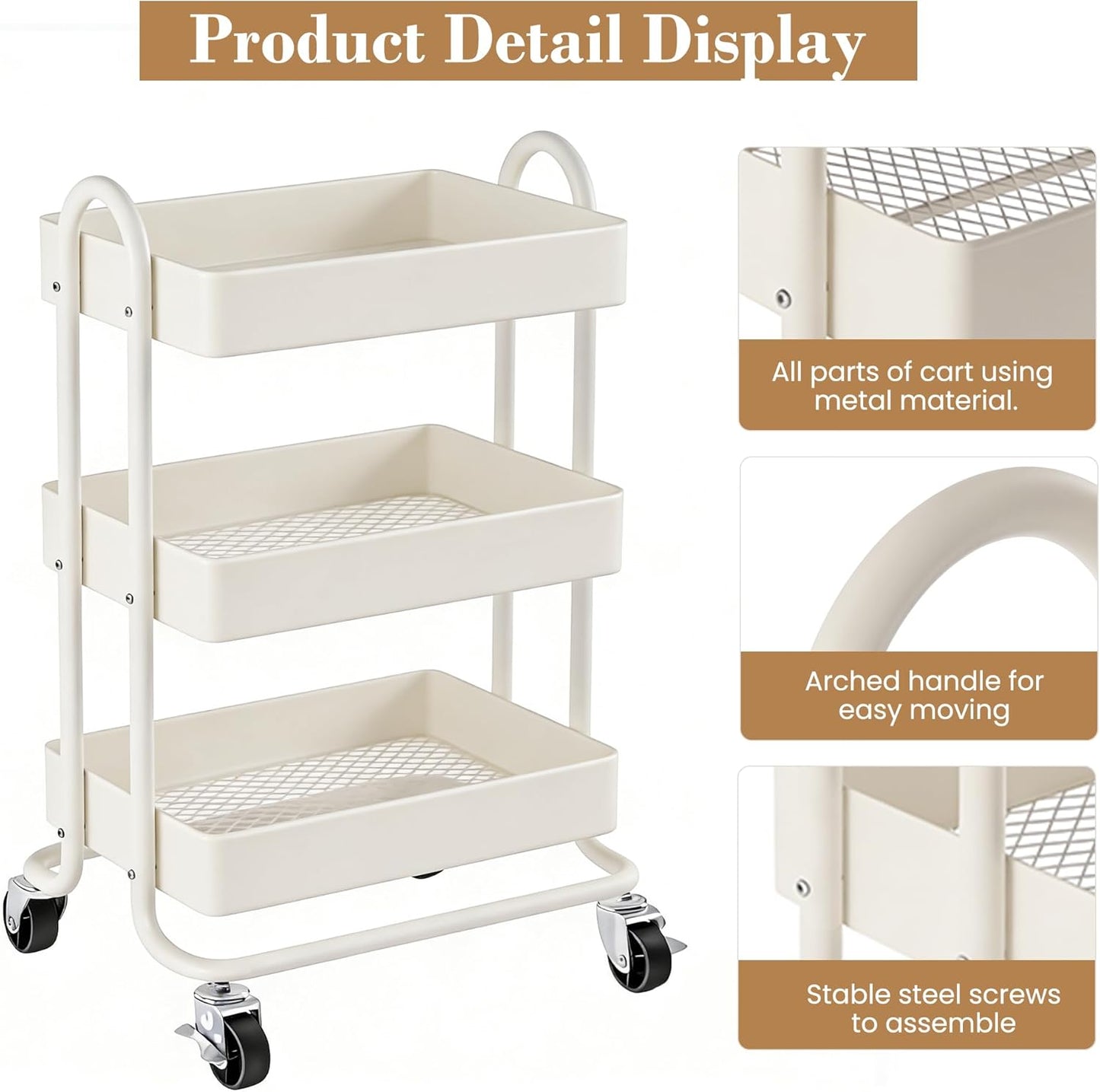 3 Tier Metal Rolling Cart, Utility Storage Cart Shelf Organizer with Wheels for Home & Office, Light Yellow