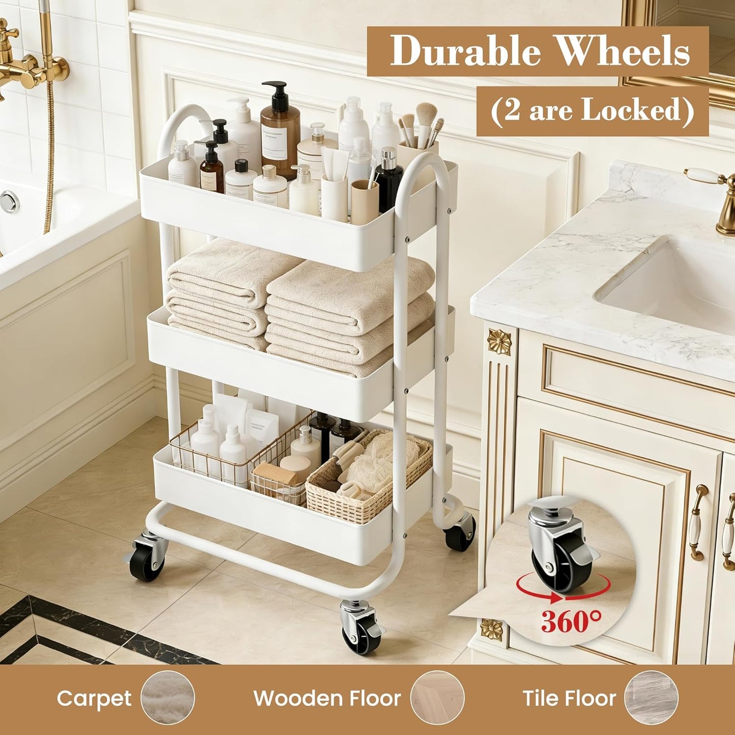 3 Tier Metal Rolling Cart, Utility Storage Cart Shelf Organizer with Wheels for Home & Office, Light Yellow