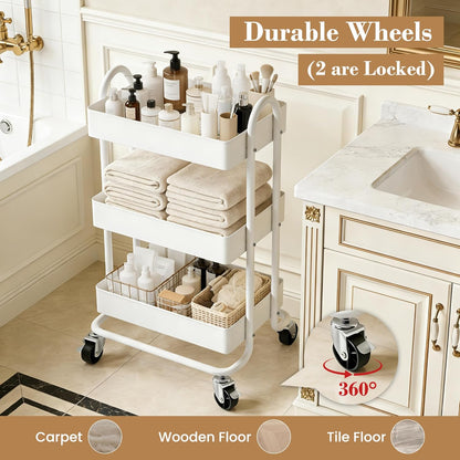 3 Tier Metal Rolling Cart, Utility Storage Cart Shelf Organizer with Wheels for Home & Office, Light Yellow