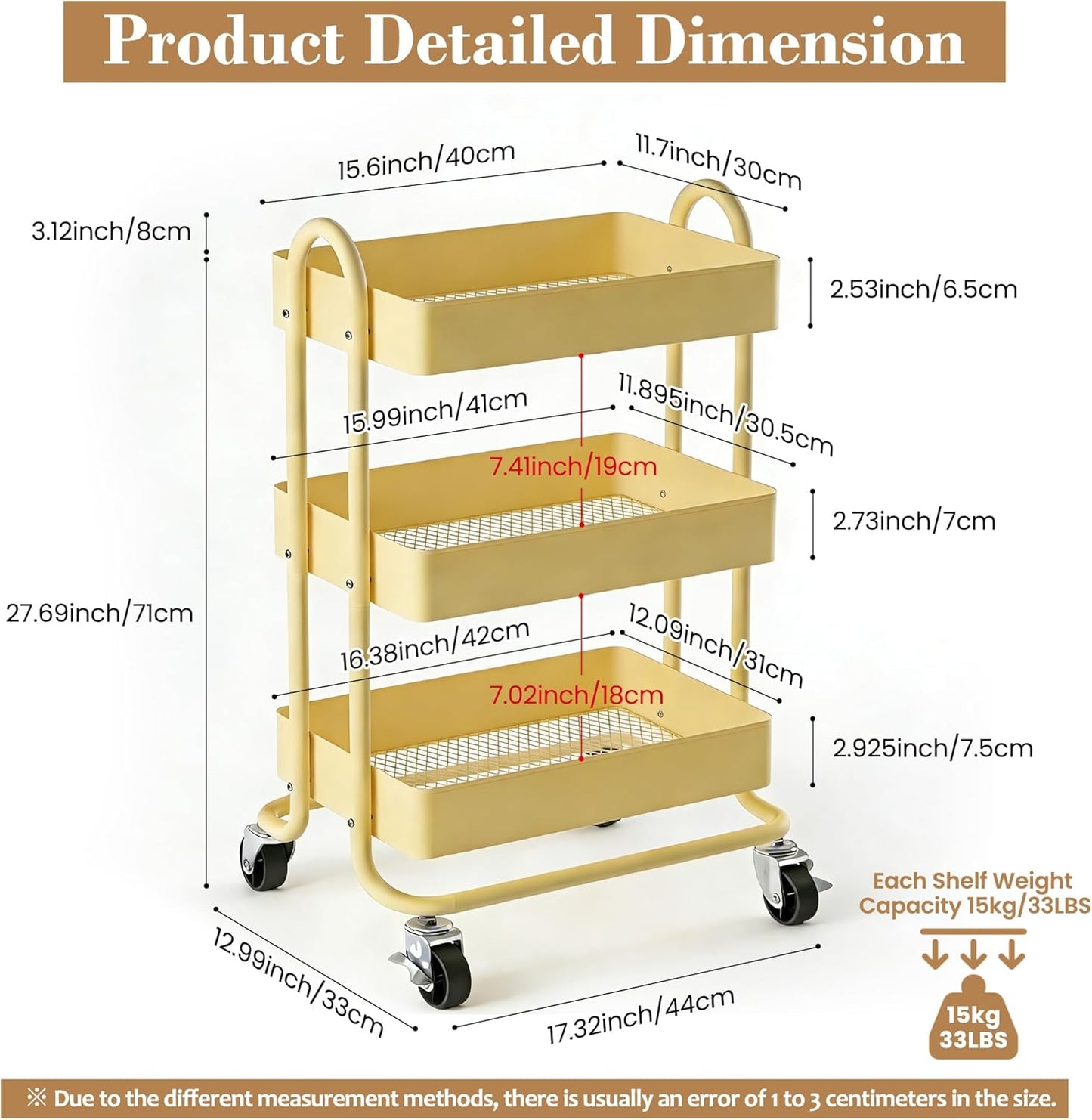 3 Tier Metal Rolling Cart, Utility Storage Cart Shelf Organizer with Wheels for Home & Office, Light Yellow