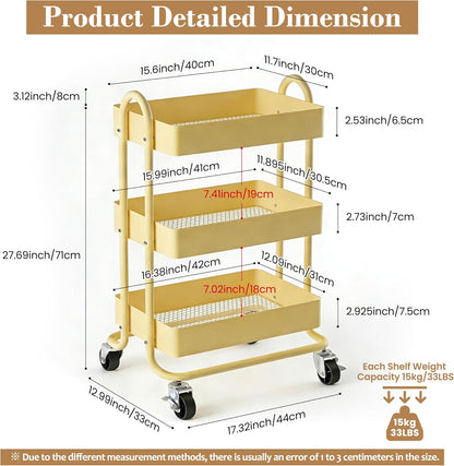 3 Tier Metal Rolling Cart, Utility Storage Cart Shelf Organizer with Wheels for Home & Office, Light Yellow
