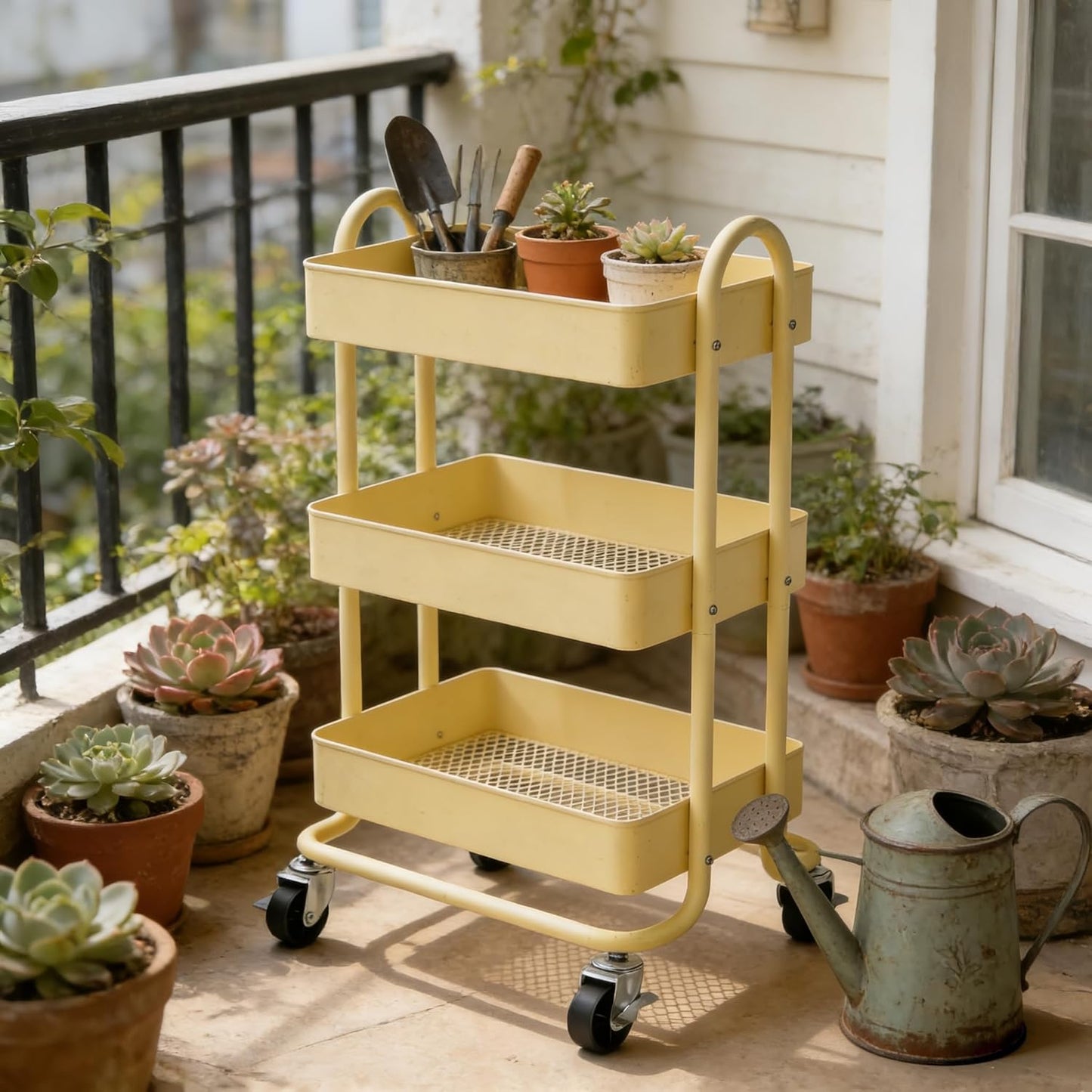 3 Tier Metal Rolling Cart, Utility Storage Cart Shelf Organizer with Wheels for Home & Office, Light Yellow