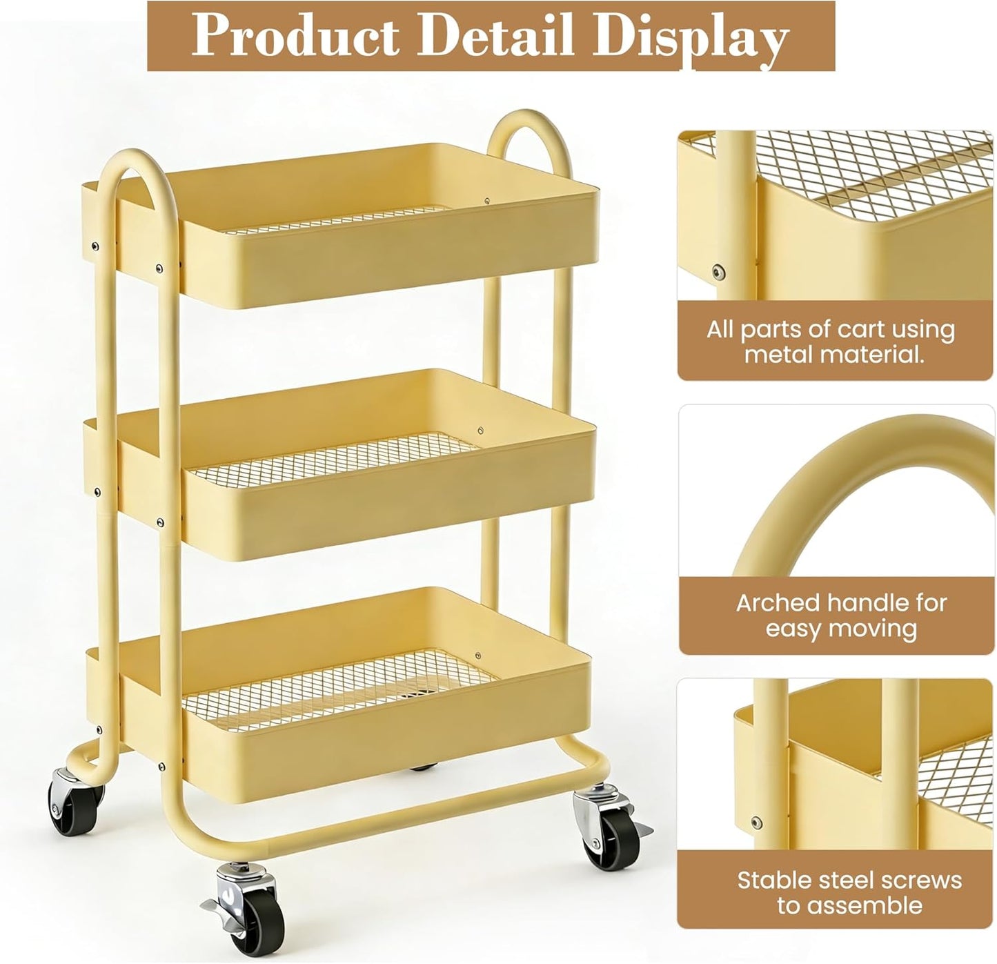 3 Tier Metal Rolling Cart, Utility Storage Cart Shelf Organizer with Wheels for Home & Office, Light Yellow