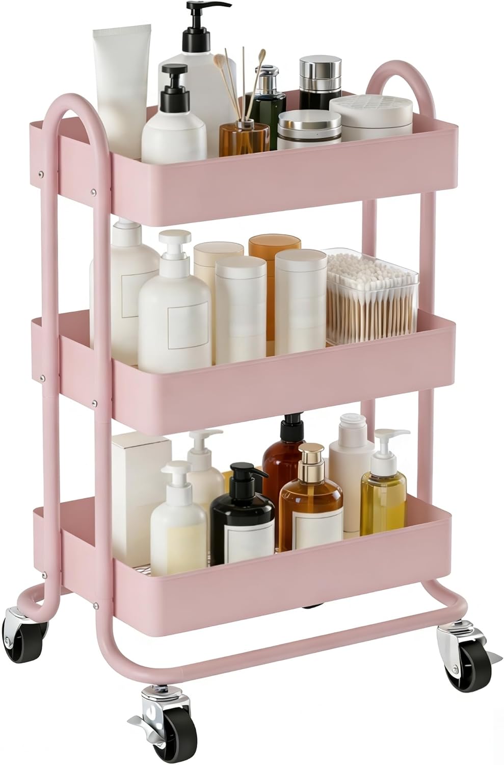 3 Tier Metal Rolling Cart, Utility Storage Cart Shelf Organizer with Wheels for Home & Office, Light Yellow