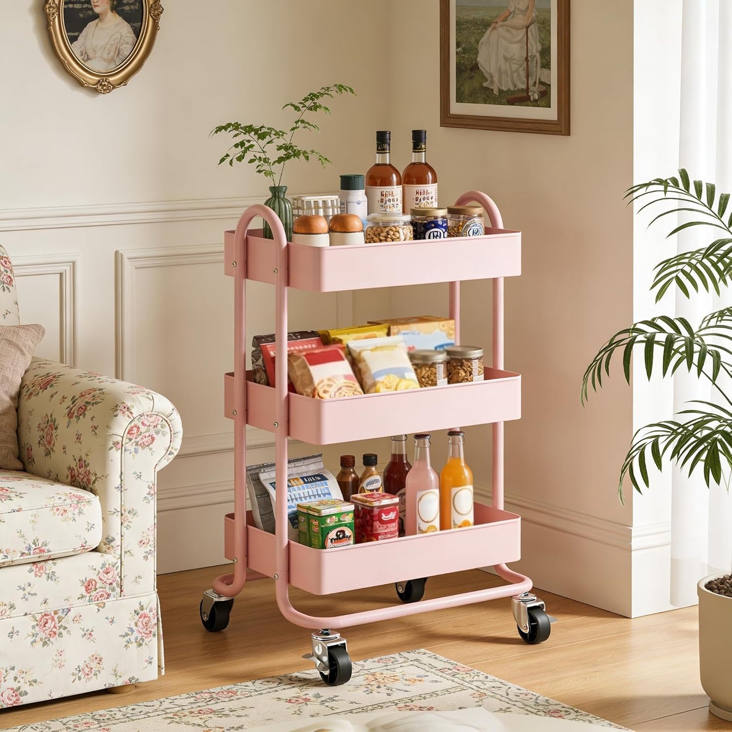 3 Tier Metal Rolling Cart, Utility Storage Cart Shelf Organizer with Wheels for Home & Office, Light Yellow