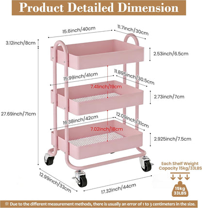 3 Tier Metal Rolling Cart, Utility Storage Cart Shelf Organizer with Wheels for Home & Office, Light Yellow