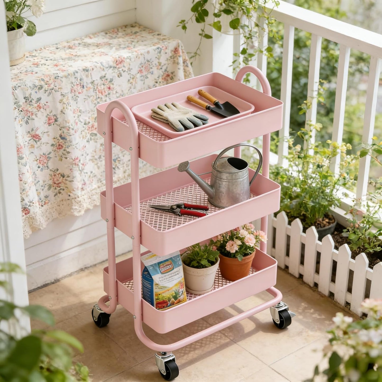 3 Tier Metal Rolling Cart, Utility Storage Cart Shelf Organizer with Wheels for Home & Office, Light Yellow
