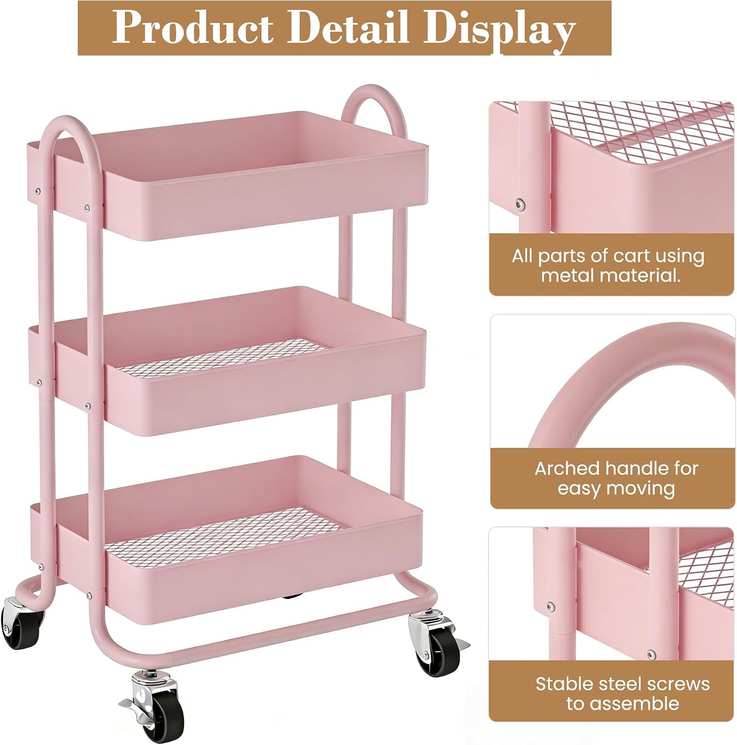 3 Tier Metal Rolling Cart, Utility Storage Cart Shelf Organizer with Wheels for Home & Office, Light Yellow