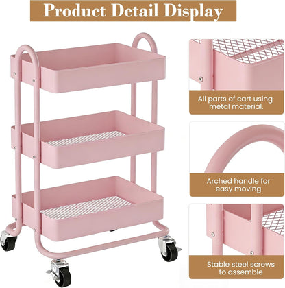3 Tier Metal Rolling Cart, Utility Storage Cart Shelf Organizer with Wheels for Home & Office, Light Yellow
