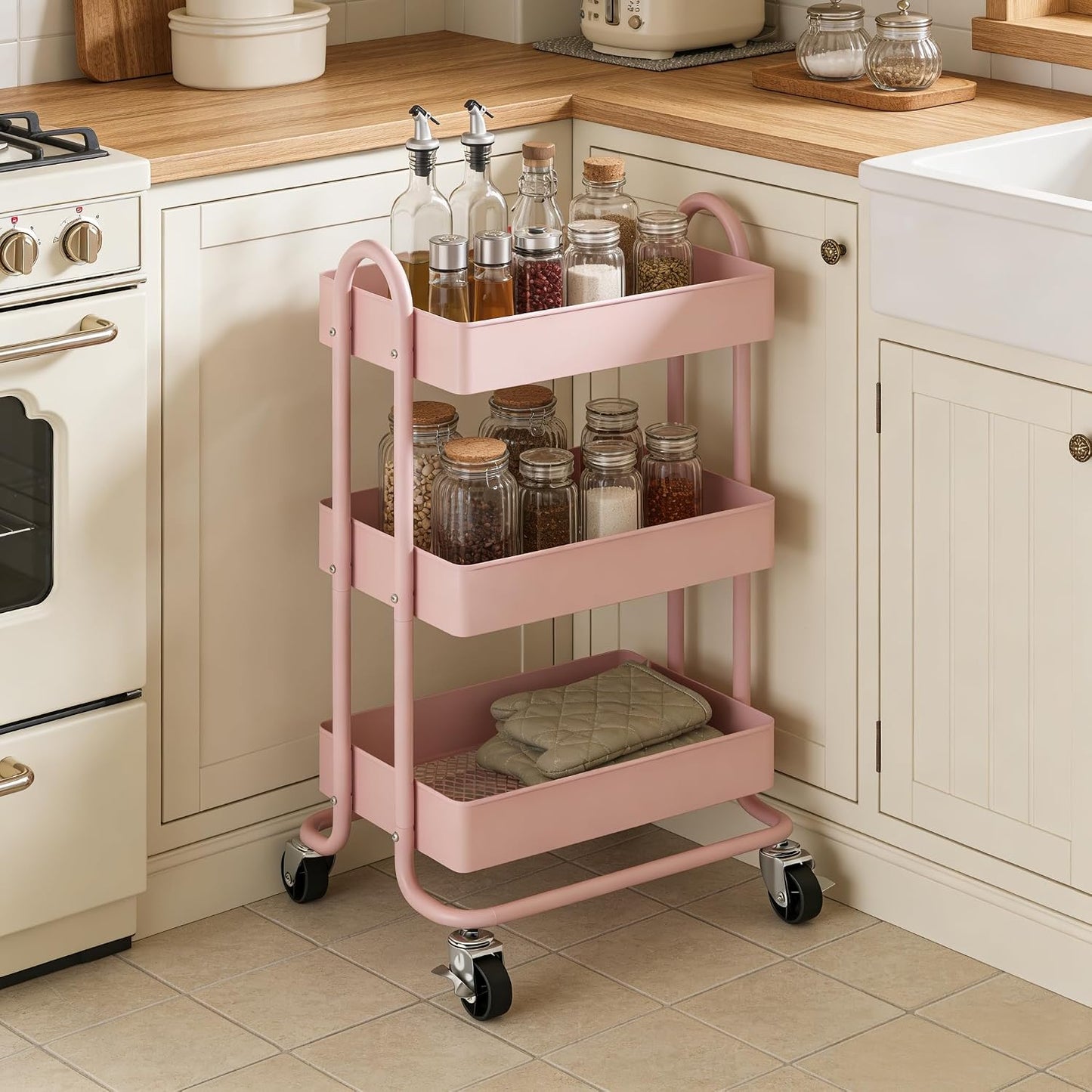 3 Tier Metal Rolling Cart, Utility Storage Cart Shelf Organizer with Wheels for Home & Office, Light Yellow