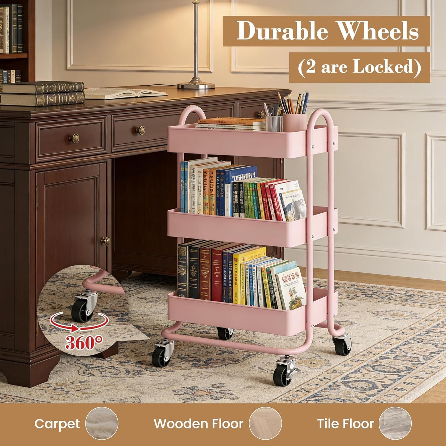 3 Tier Metal Rolling Cart, Utility Storage Cart Shelf Organizer with Wheels for Home & Office, Light Yellow
