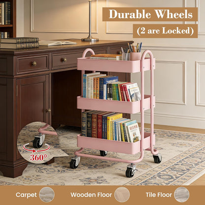 3 Tier Metal Rolling Cart, Utility Storage Cart Shelf Organizer with Wheels for Home & Office, Light Yellow