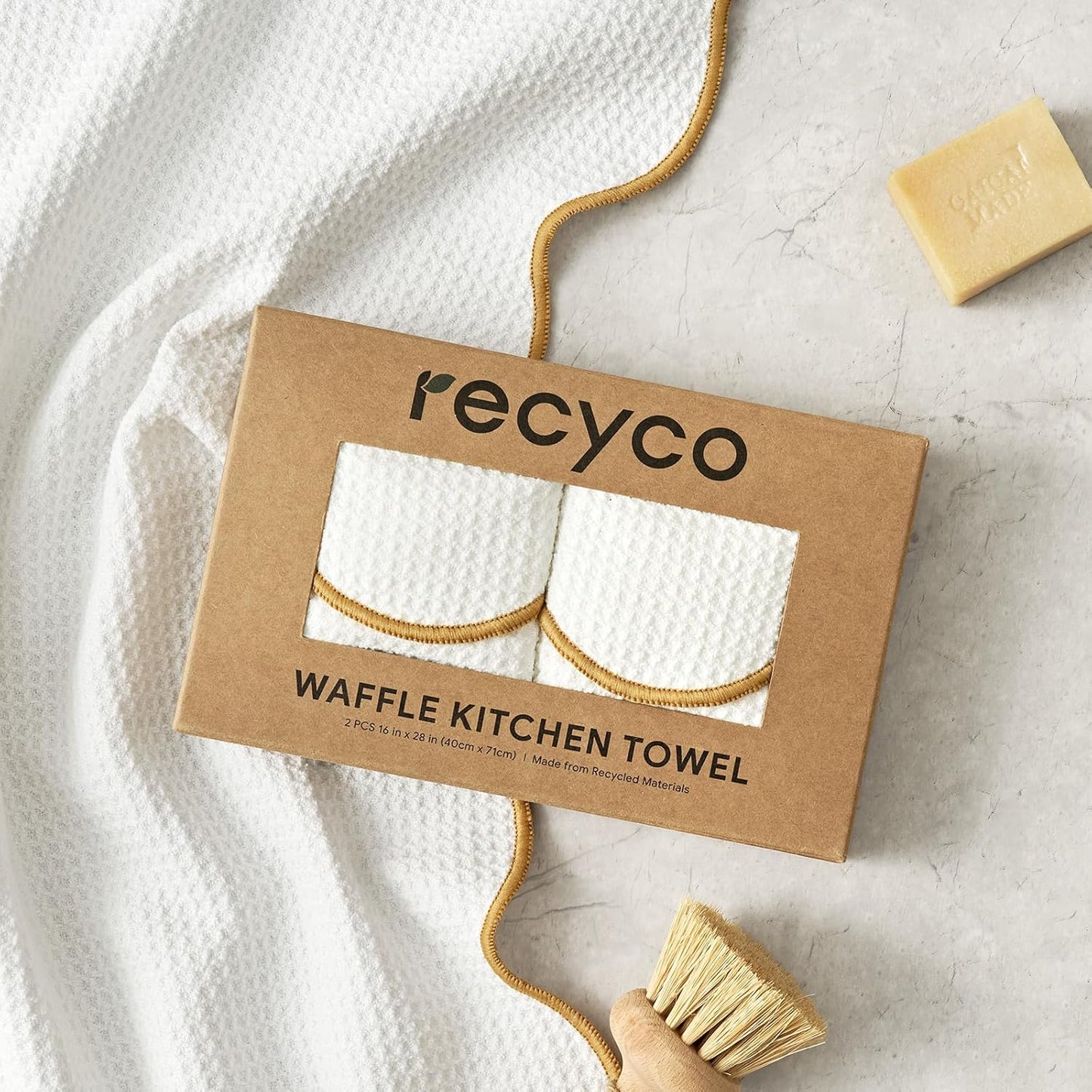 RECYCO Waffle Kitchen Towel Set of 2 - Quick Dry Microfiber Sustainable Dish Towels - Ultra Absorbent Reusable Cleaning Tea Towels - Lightweight Hand Towels,16”x 28”, Gold Yellow