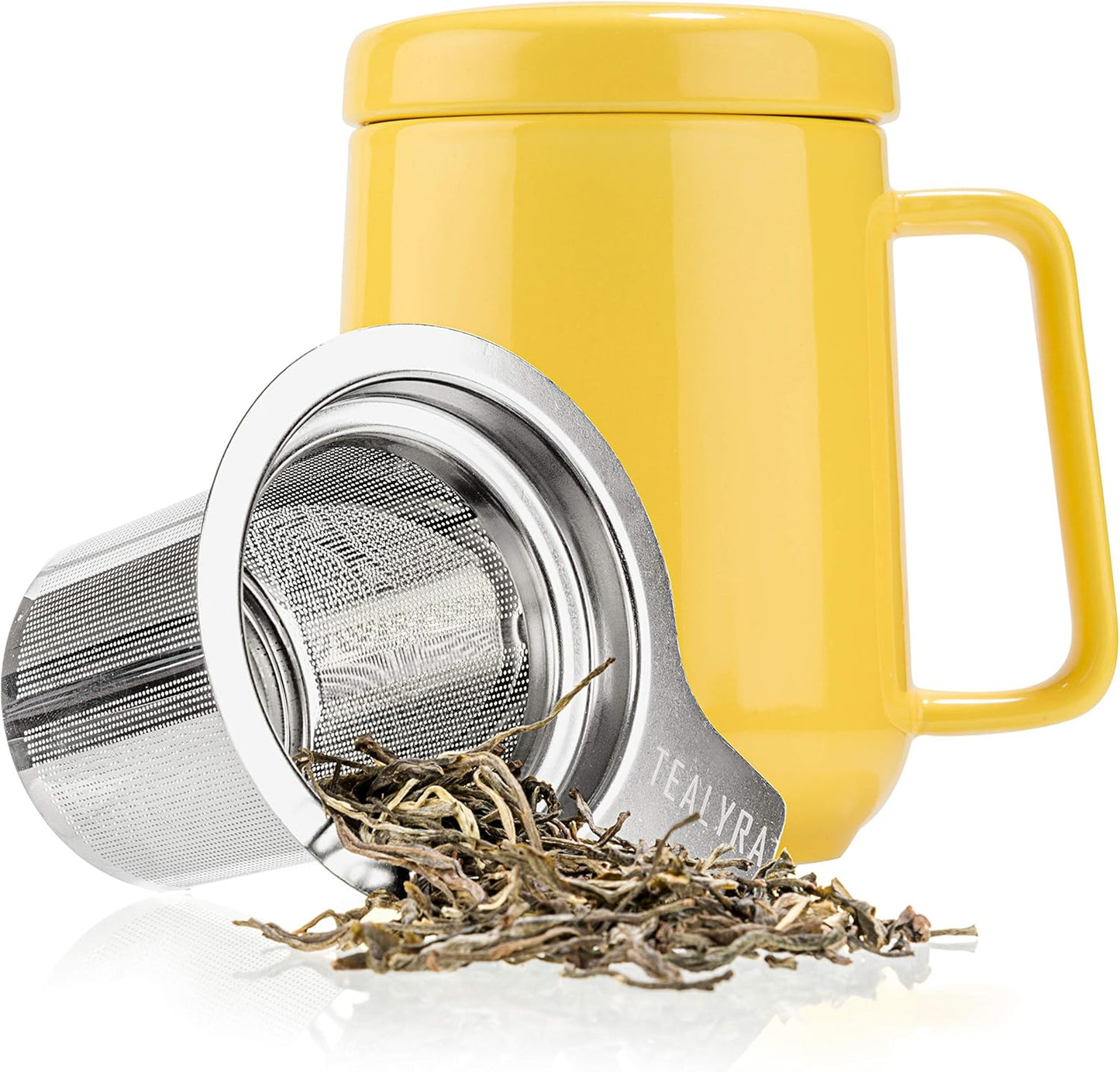 Peak Ceramic Yellow Tea Cup Infuser - 19-ounce - Large Tea High-Fired Ceramic Mug with Lid and Stainless Steel Infuser - Tea-For-One Perfect Set for Office and Home Uses - 580 milliliter