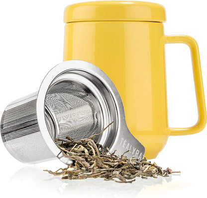 Peak Ceramic Yellow Tea Cup Infuser - 19-ounce - Large Tea High-Fired Ceramic Mug with Lid and Stainless Steel Infuser - Tea-For-One Perfect Set for Office and Home Uses - 580 milliliter