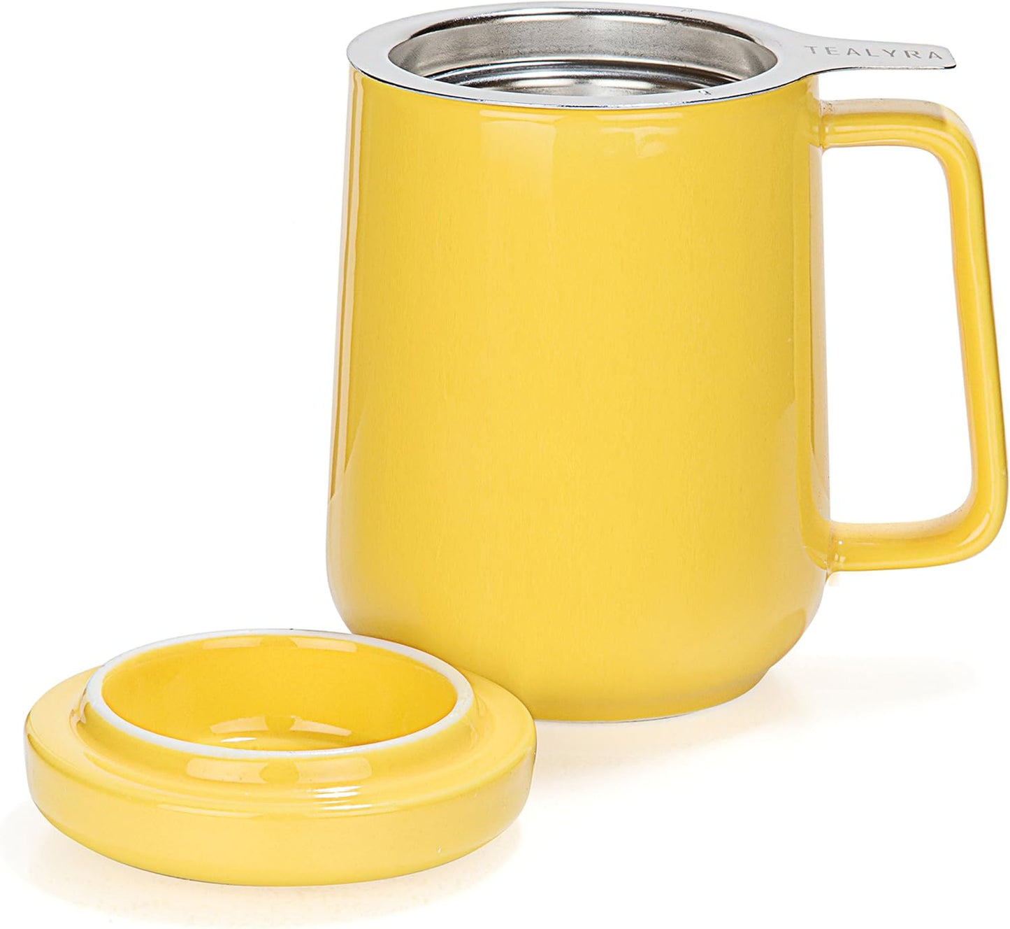 Peak Ceramic Yellow Tea Cup Infuser - 19-ounce - Large Tea High-Fired Ceramic Mug with Lid and Stainless Steel Infuser - Tea-For-One Perfect Set for Office and Home Uses - 580 milliliter