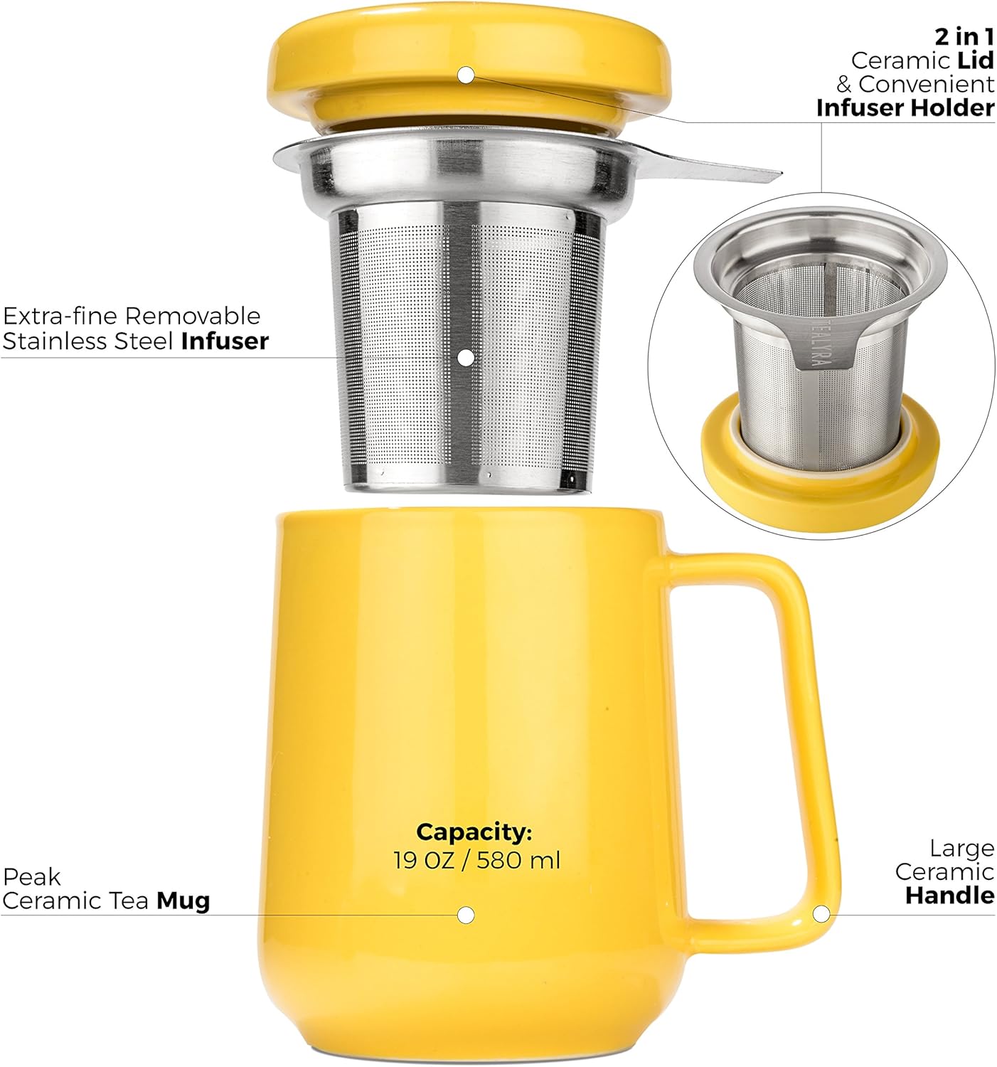 Peak Ceramic Yellow Tea Cup Infuser - 19-ounce - Large Tea High-Fired Ceramic Mug with Lid and Stainless Steel Infuser - Tea-For-One Perfect Set for Office and Home Uses - 580 milliliter