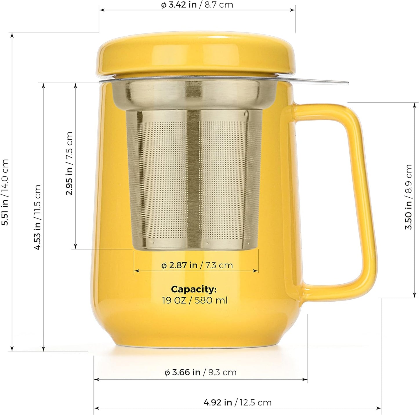 Peak Ceramic Yellow Tea Cup Infuser - 19-ounce - Large Tea High-Fired Ceramic Mug with Lid and Stainless Steel Infuser - Tea-For-One Perfect Set for Office and Home Uses - 580 milliliter