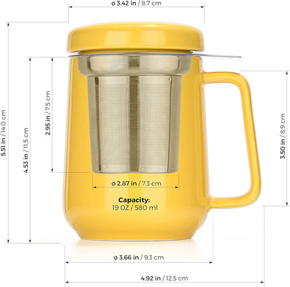 Peak Ceramic Yellow Tea Cup Infuser - 19-ounce - Large Tea High-Fired Ceramic Mug with Lid and Stainless Steel Infuser - Tea-For-One Perfect Set for Office and Home Uses - 580 milliliter