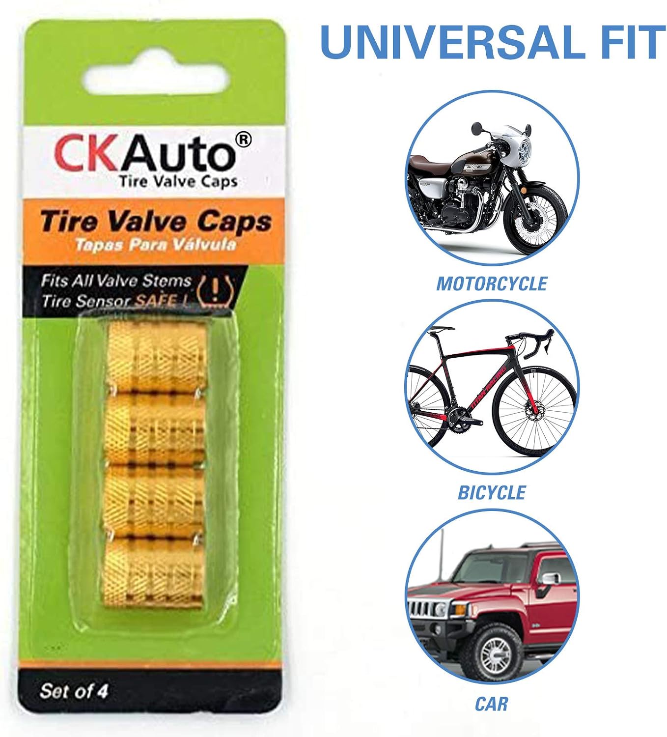 Tire Valve Stem Caps, Aluminum Golden Yellow, 4 Pcs/Pack | Corrosion Resistant, Universal Stem Covers for Cars Trucks Motorcycles SUVs and Bikes