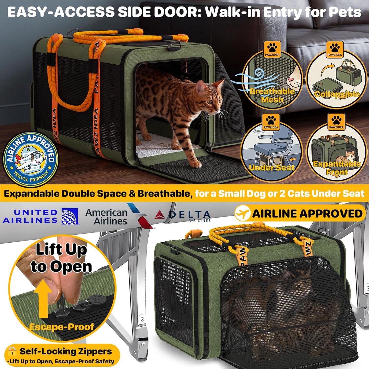 PAWZIDEA Expandable Pet Carrier Airline Approved, 18"×11"×11" Small Dog Carriers, Collapsible Top-Load Cat Carrier for 2 Cats Under Seat, Soft-Sided Puppy & Animal Travel Bag, ID Card, Up to 15lbs