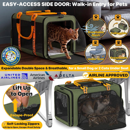 PAWZIDEA Expandable Pet Carrier Airline Approved, 18"×11"×11" Small Dog Carriers, Collapsible Top-Load Cat Carrier for 2 Cats Under Seat, Soft-Sided Puppy & Animal Travel Bag, ID Card, Up to 15lbs