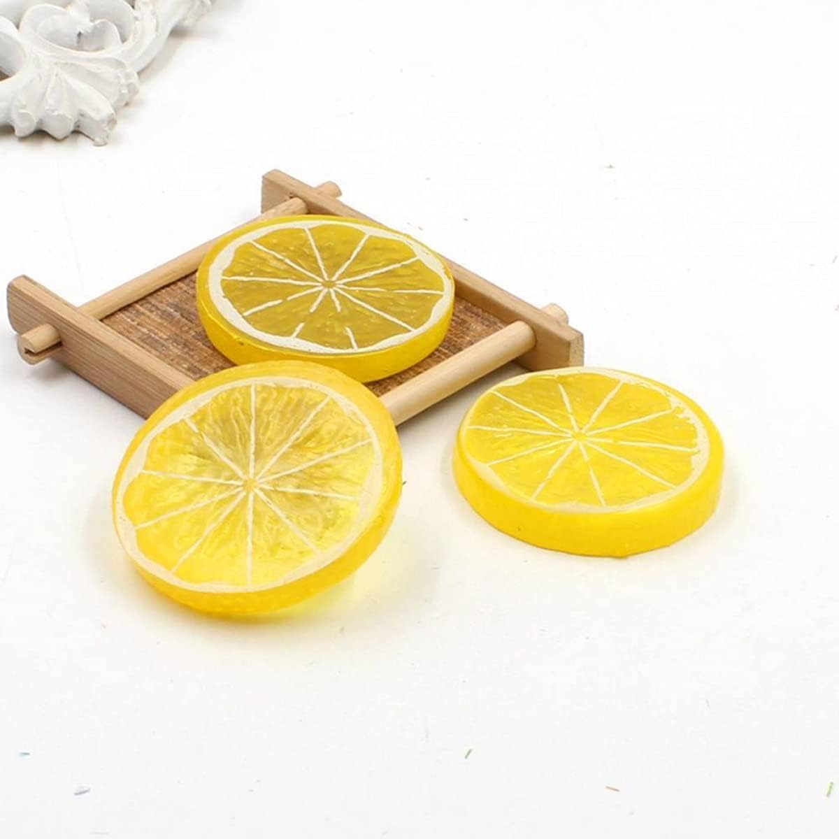 30 Pieces Plastic Simulation Lemon Slices Artificial Fruit Mini Small Model Party Kitchen Wedding Decoration Slices Decorative Fake Fruit (Yellow)