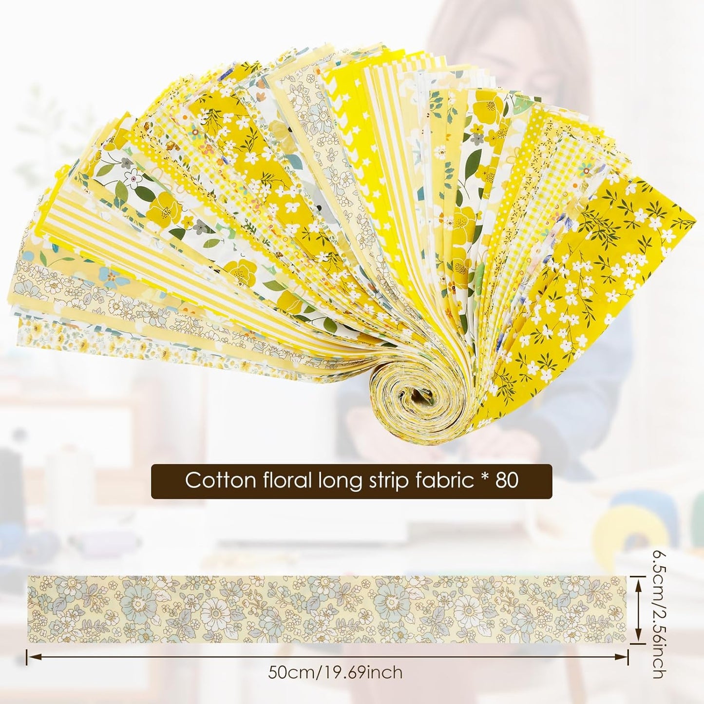80Pcs Jelly Roll Fabric Strips for Quilting, 2.5" x 20" Pre Cut Strips, Printed Cotton Fabric Bundles, Fine Cloth Quilts Strip, Floral Patchwork Craft Sewing Supplies for DIY (Yellow)