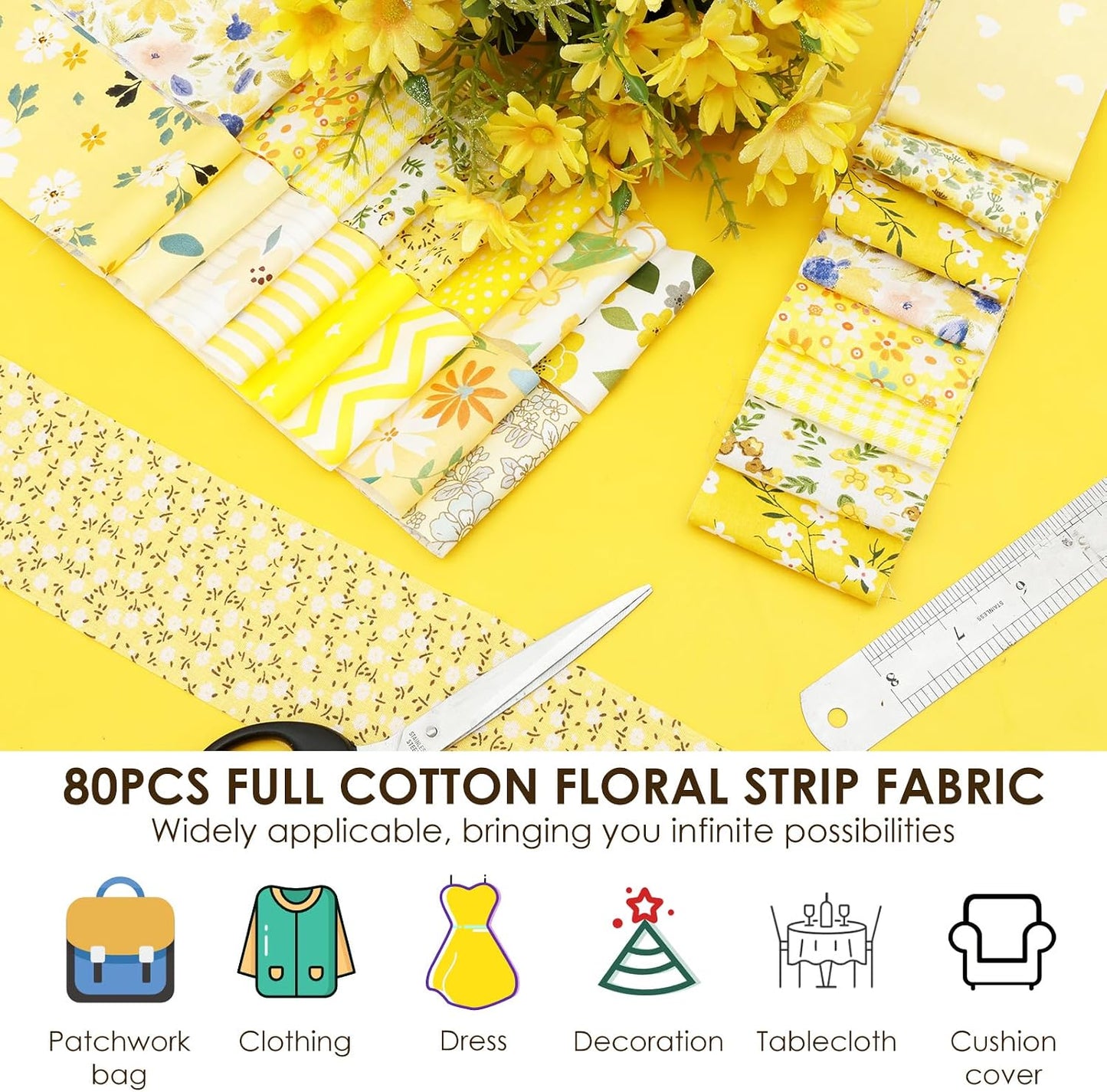 80Pcs Jelly Roll Fabric Strips for Quilting, 2.5" x 20" Pre Cut Strips, Printed Cotton Fabric Bundles, Fine Cloth Quilts Strip, Floral Patchwork Craft Sewing Supplies for DIY (Yellow)