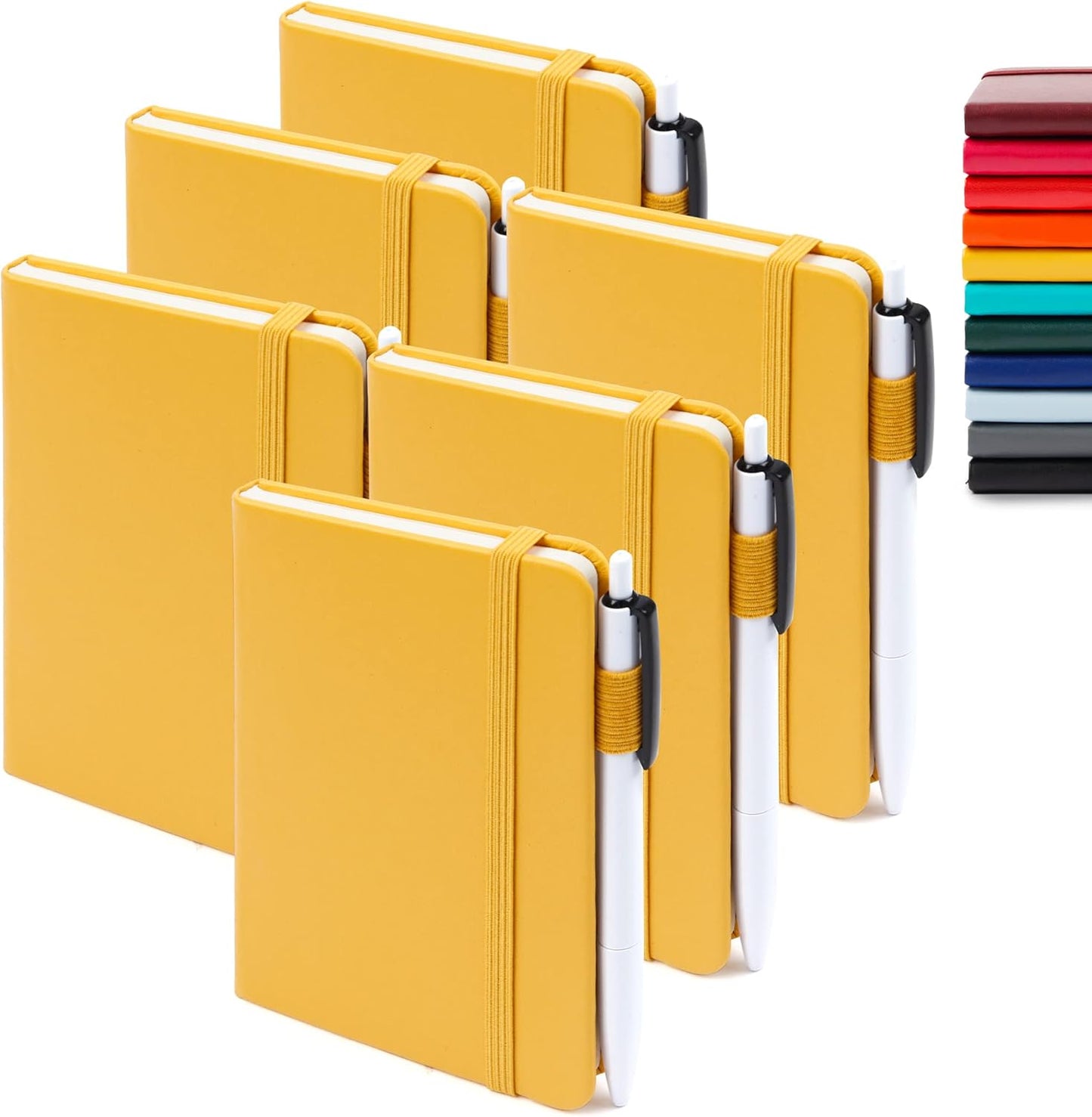6 Pack Pocket Mini Notebooks Bulk, Small Cute Memo Notepads Hardcover College Ruled Lined Journals with Pen Holder for School Business Work, with 6 Black Pens, 3.5”x 5.5”, A6, Yellow