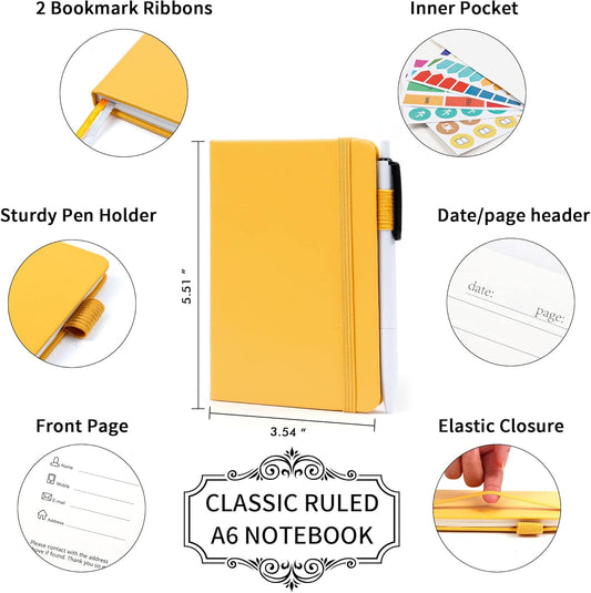6 Pack Pocket Mini Notebooks Bulk, Small Cute Memo Notepads Hardcover College Ruled Lined Journals with Pen Holder for School Business Work, with 6 Black Pens, 3.5”x 5.5”, A6, Yellow