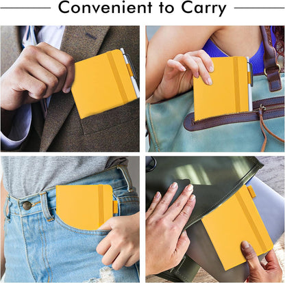 6 Pack Pocket Mini Notebooks Bulk, Small Cute Memo Notepads Hardcover College Ruled Lined Journals with Pen Holder for School Business Work, with 6 Black Pens, 3.5”x 5.5”, A6, Yellow