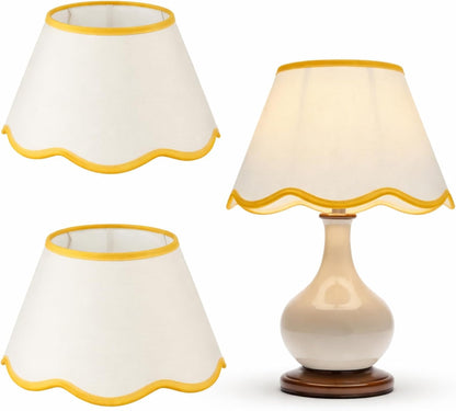 9.4'' Bottom x 5.9'' High x 5.1'' Top Set of 2 Beige Lamp Shade with Petal Edge, Fabric Chandelier Scalloped Lampshade, for Floor Wall Lamps Table Bedroom Living Room(Yellow Edge)