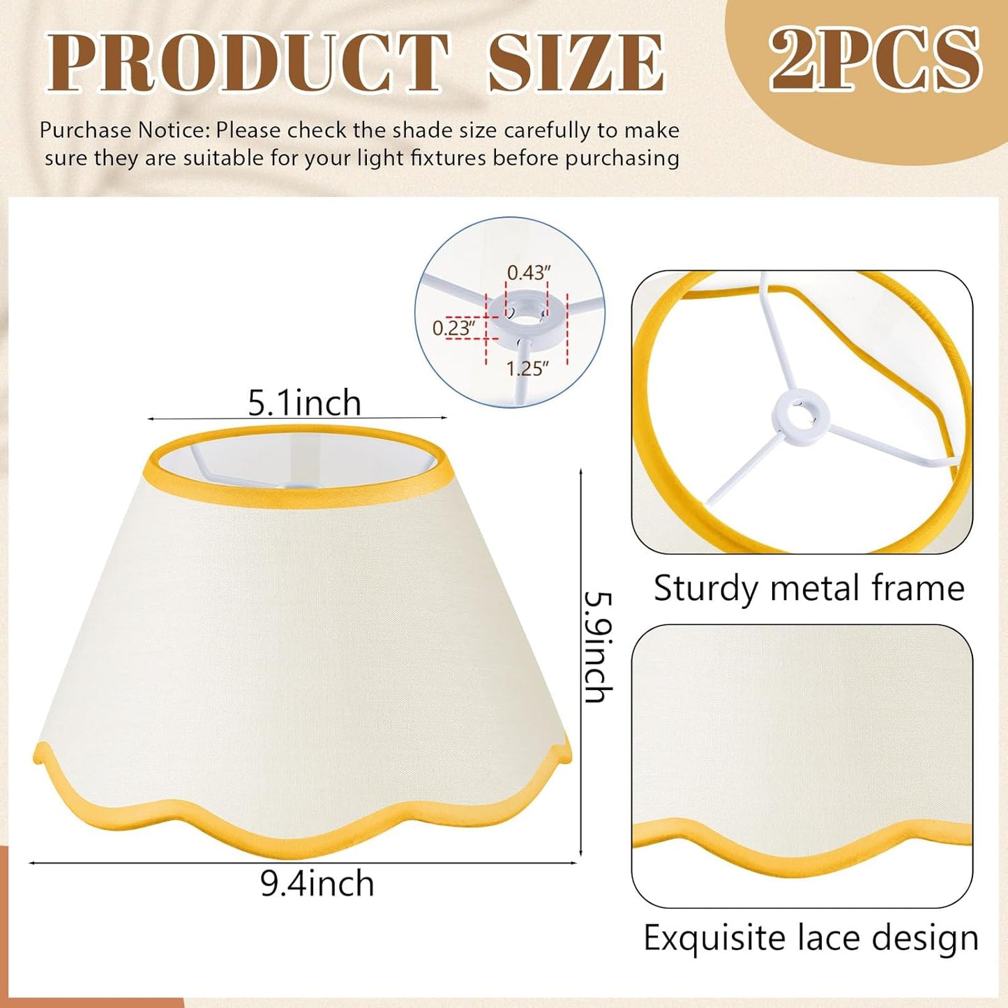 9.4'' Bottom x 5.9'' High x 5.1'' Top Set of 2 Beige Lamp Shade with Petal Edge, Fabric Chandelier Scalloped Lampshade, for Floor Wall Lamps Table Bedroom Living Room(Yellow Edge)
