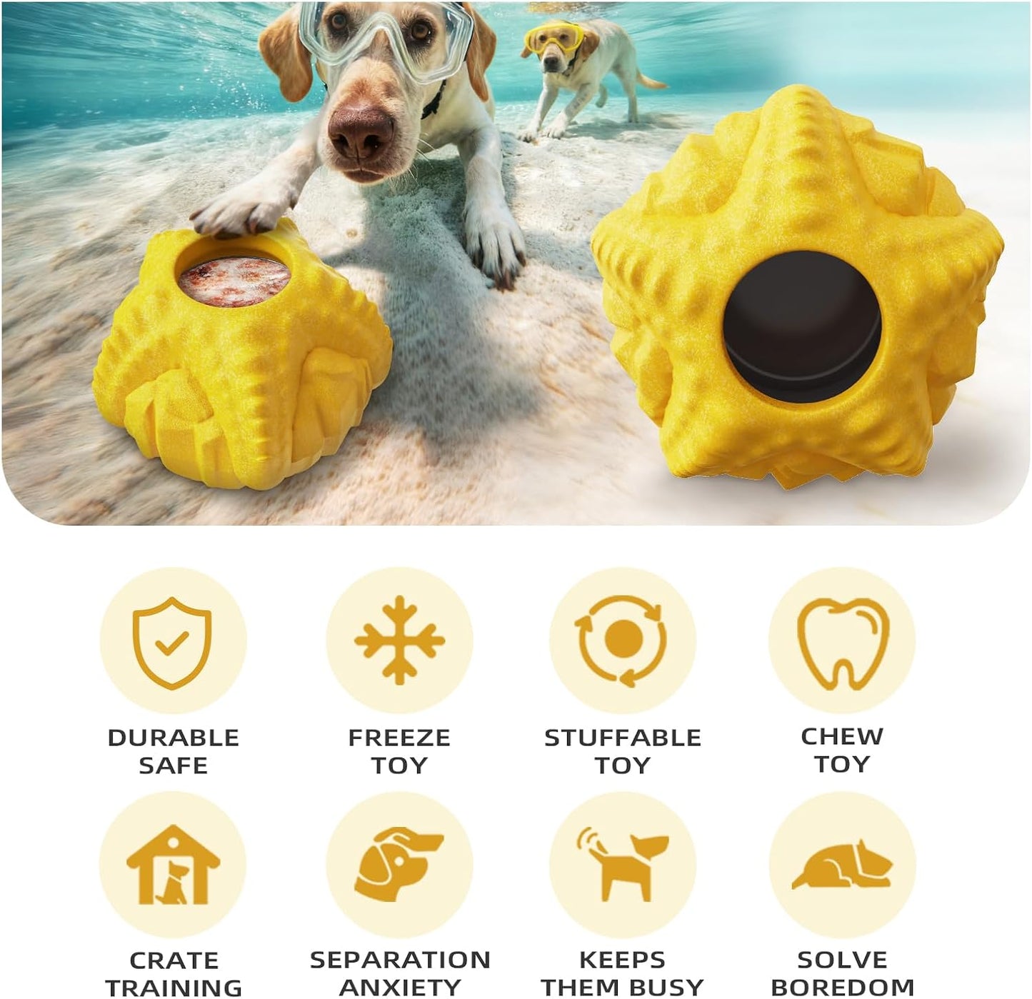 Dog Chew Toy for Aggressive Chewers, Freezable Lick Treat Dispenser, Stuffable Lick Toy, Interactive Enrichment, Long Lasting Puzzle Boredom Buster for Medium & Large Dogs - Yellow Starfish