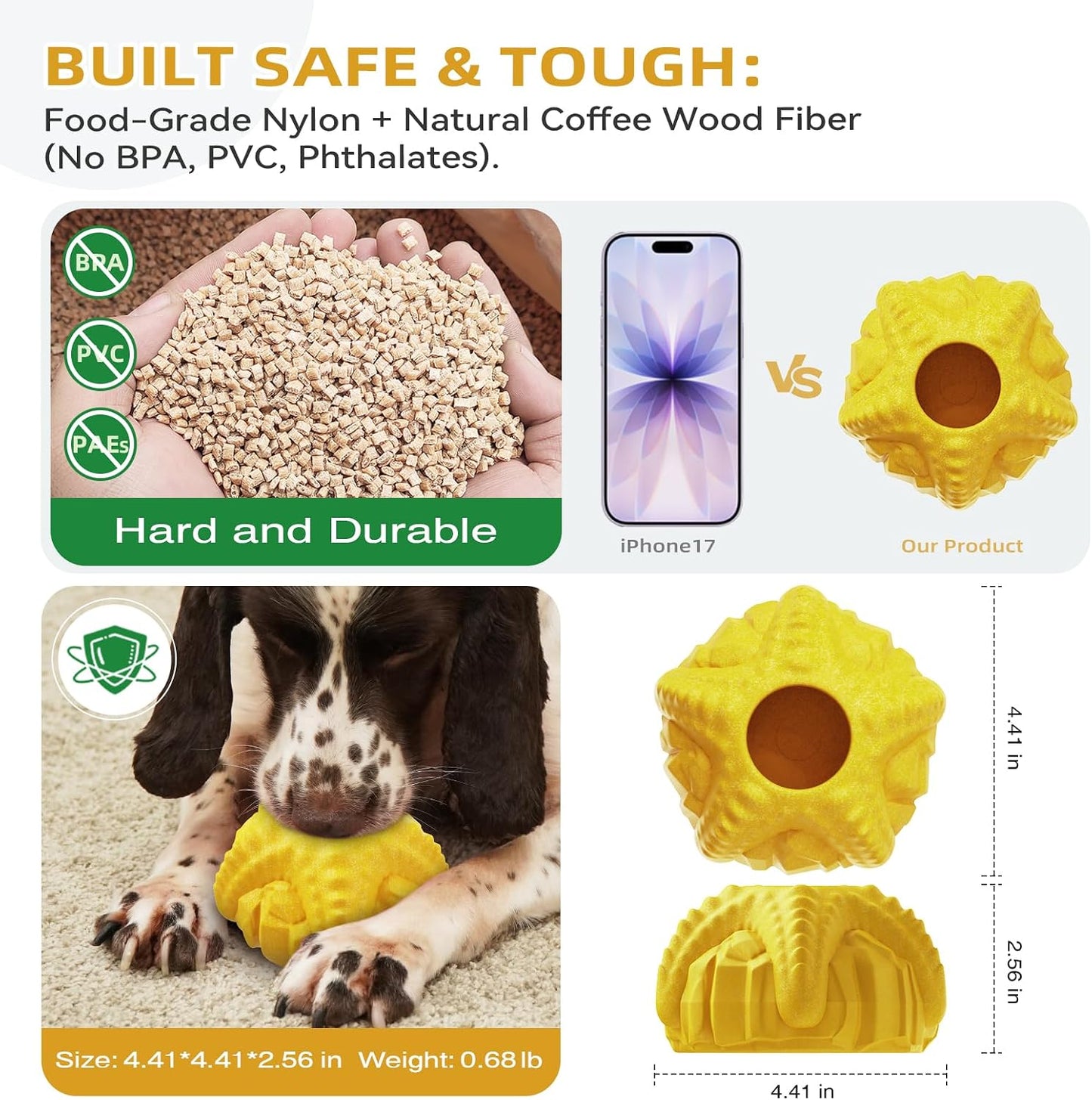 Dog Chew Toy for Aggressive Chewers, Freezable Lick Treat Dispenser, Stuffable Lick Toy, Interactive Enrichment, Long Lasting Puzzle Boredom Buster for Medium & Large Dogs - Yellow Starfish
