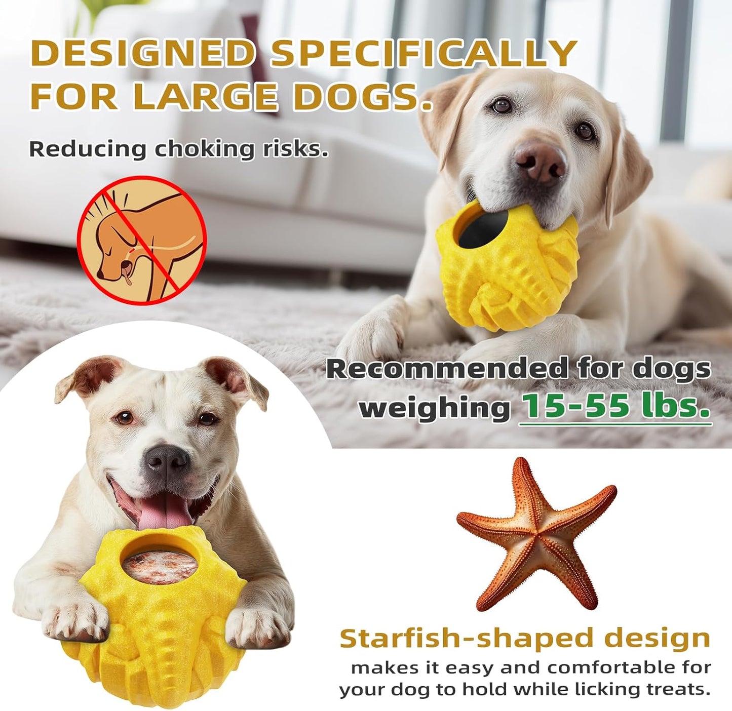Dog Chew Toy for Aggressive Chewers, Freezable Lick Treat Dispenser, Stuffable Lick Toy, Interactive Enrichment, Long Lasting Puzzle Boredom Buster for Medium & Large Dogs - Yellow Starfish