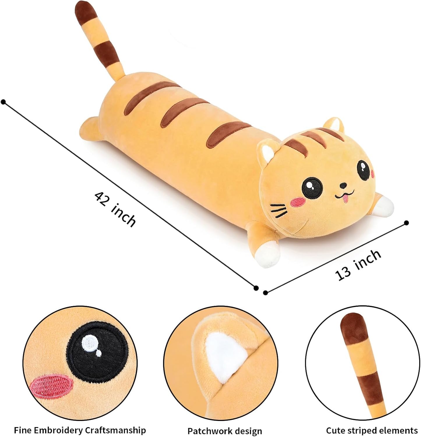 Long Cat Plush Cute Body Stuffed Animal Pillows, Yellow 42 Inch | Soft Cat Plushies Kawaii Room Decor Toy Gift for Kids Cat Lovers