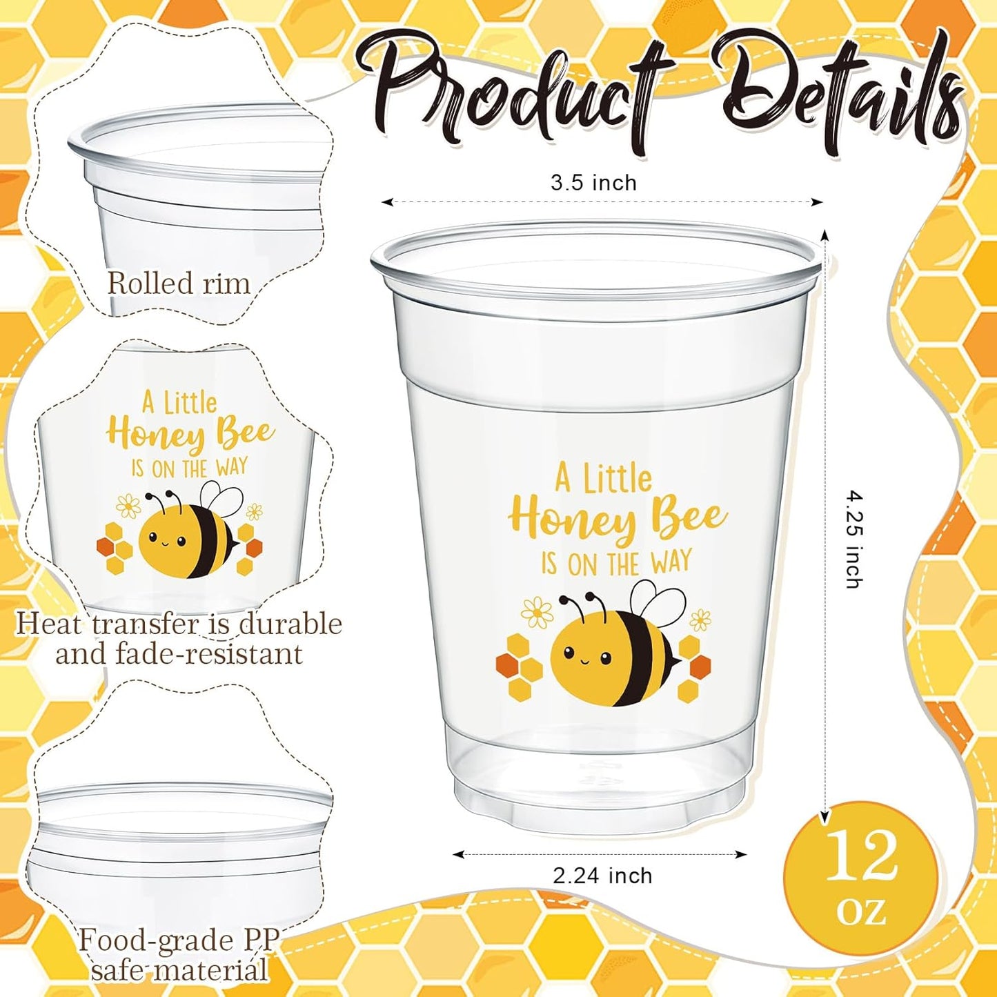 50 Pcs 12oz Bee Baby Shower Party Plastic Cups A Little Honey Bee Is on the Way Disposable Clear Cups for Summer Baby Shower Gender Reveal Supplies Decorations(Yellow)