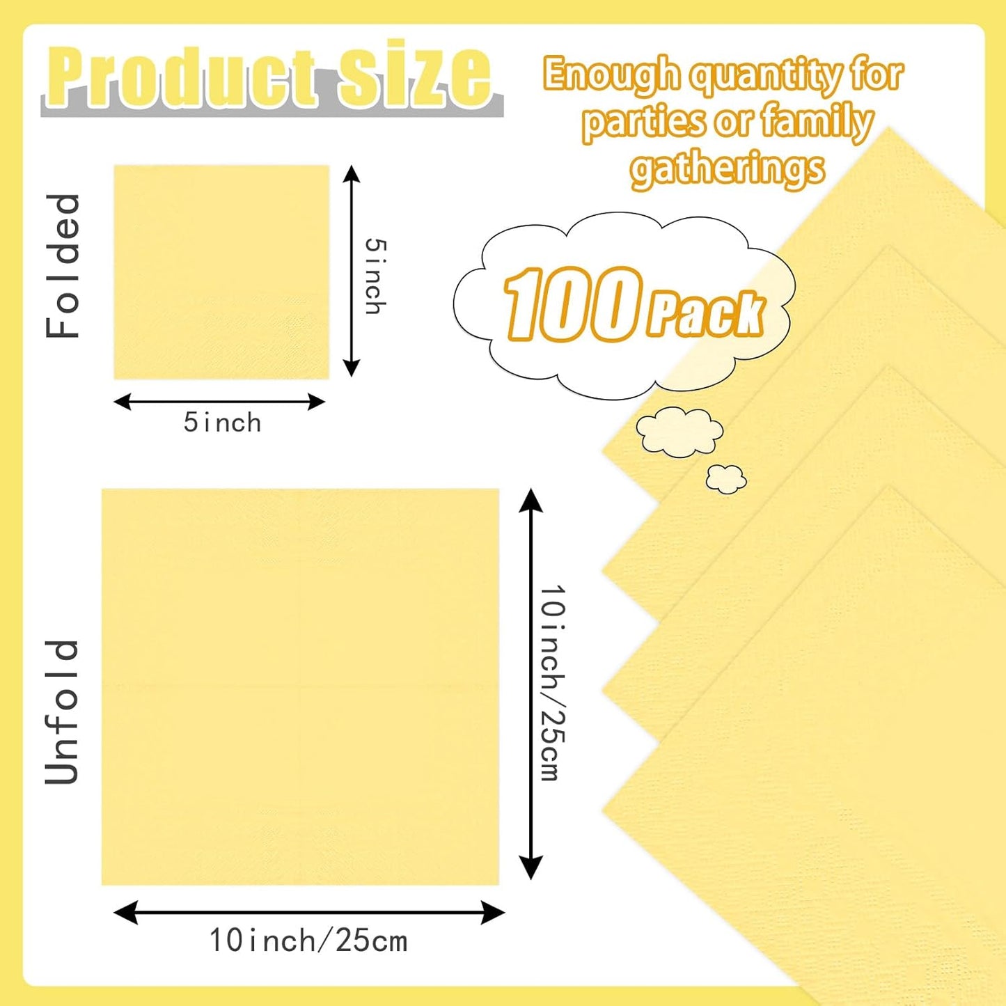 100 pcs 2-Ply Yellow Cocktail Napkins Folded 5 x 5 inch Disposable Paper Dessert Napkins for Dinner Birthday Wedding Thanksgiving Party Picnic Yellow Beverage Napkin
