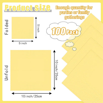 100 pcs 2-Ply Yellow Cocktail Napkins Folded 5 x 5 inch Disposable Paper Dessert Napkins for Dinner Birthday Wedding Thanksgiving Party Picnic Yellow Beverage Napkin