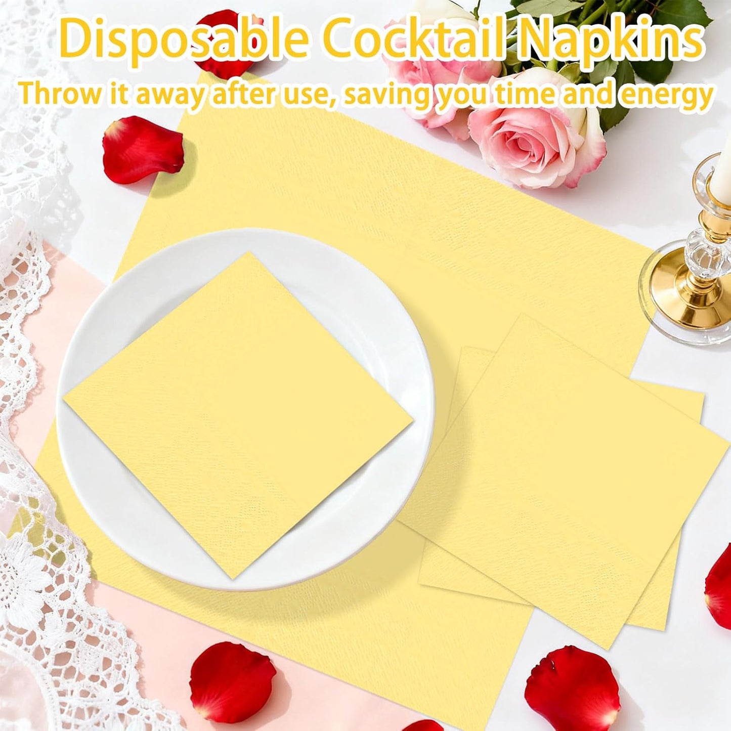 100 pcs 2-Ply Yellow Cocktail Napkins Folded 5 x 5 inch Disposable Paper Dessert Napkins for Dinner Birthday Wedding Thanksgiving Party Picnic Yellow Beverage Napkin