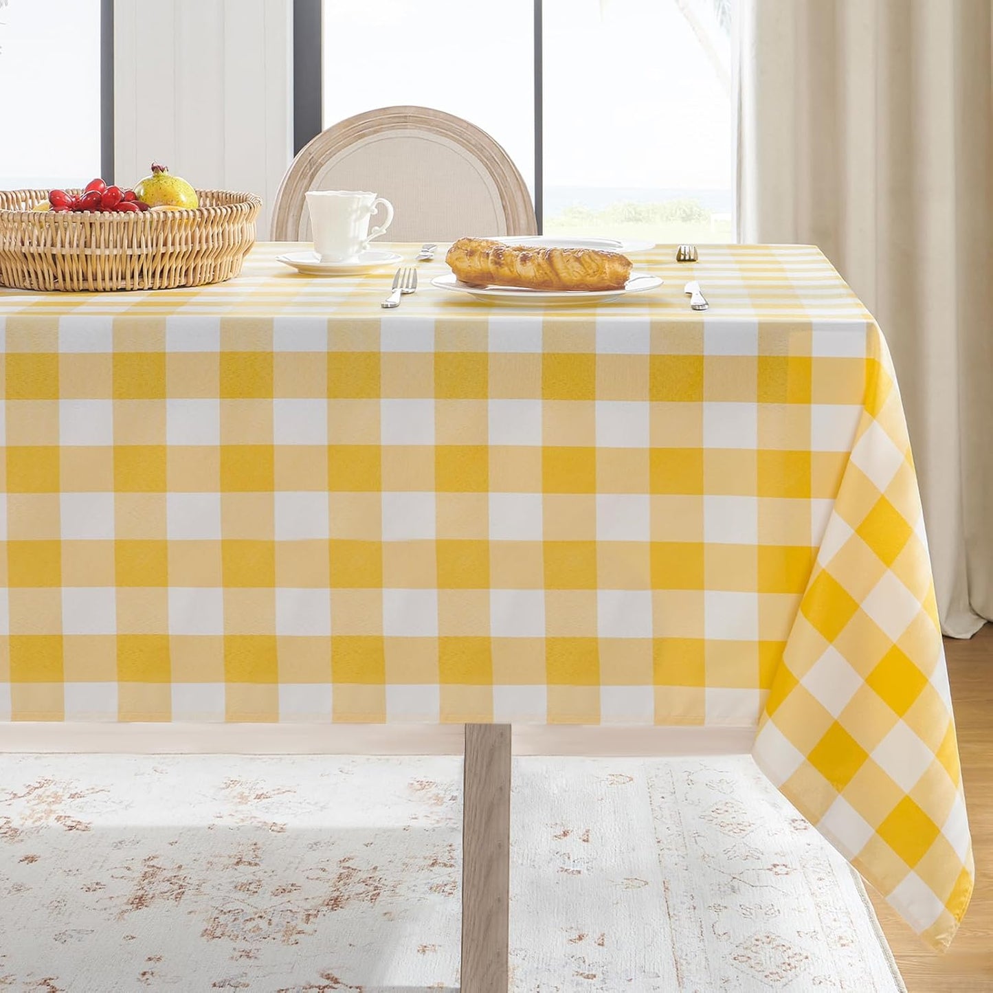 Gingham Checkered Tablecloth Rectangle - Outdoor Waterproof Buffalo Plaid Table Cloth, Stain Resistant Washable Table Cover for Picnic, Camping, Dining - Yellow and White, 54 x 78 Inch