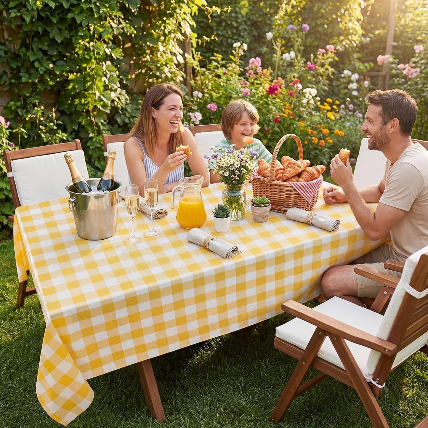 Gingham Checkered Tablecloth Rectangle - Outdoor Waterproof Buffalo Plaid Table Cloth, Stain Resistant Washable Table Cover for Picnic, Camping, Dining - Yellow and White, 54 x 78 Inch
